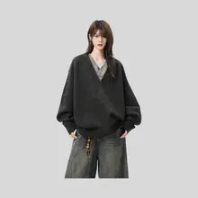セーター ユニセックス フェイクレイヤード Vネック 厚手 ニット ヴィンテージ ルーズ カジュアル インナー 秋