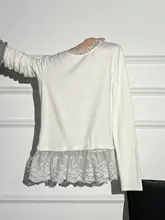 デザインレースの女性用長袖トップス【スリムフィット・ラウンドネック・裏起毛・秋冬用】