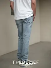 メンズ ヴィンテージ風ウォッシュ加工デニムパンツ【レギュラーフィット・ストレートシルエット・ダメージデザイン】