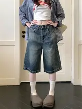 ヴィンテージ風ダークブルー五分丈デニムパンツ【夏用・ハイウエスト・ストレート・ワイドレッグ】