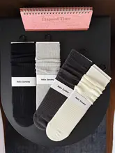 春秋用 白色の通気性抜群な長いコットン靴下【黒いニット感・堆堆デザイン】