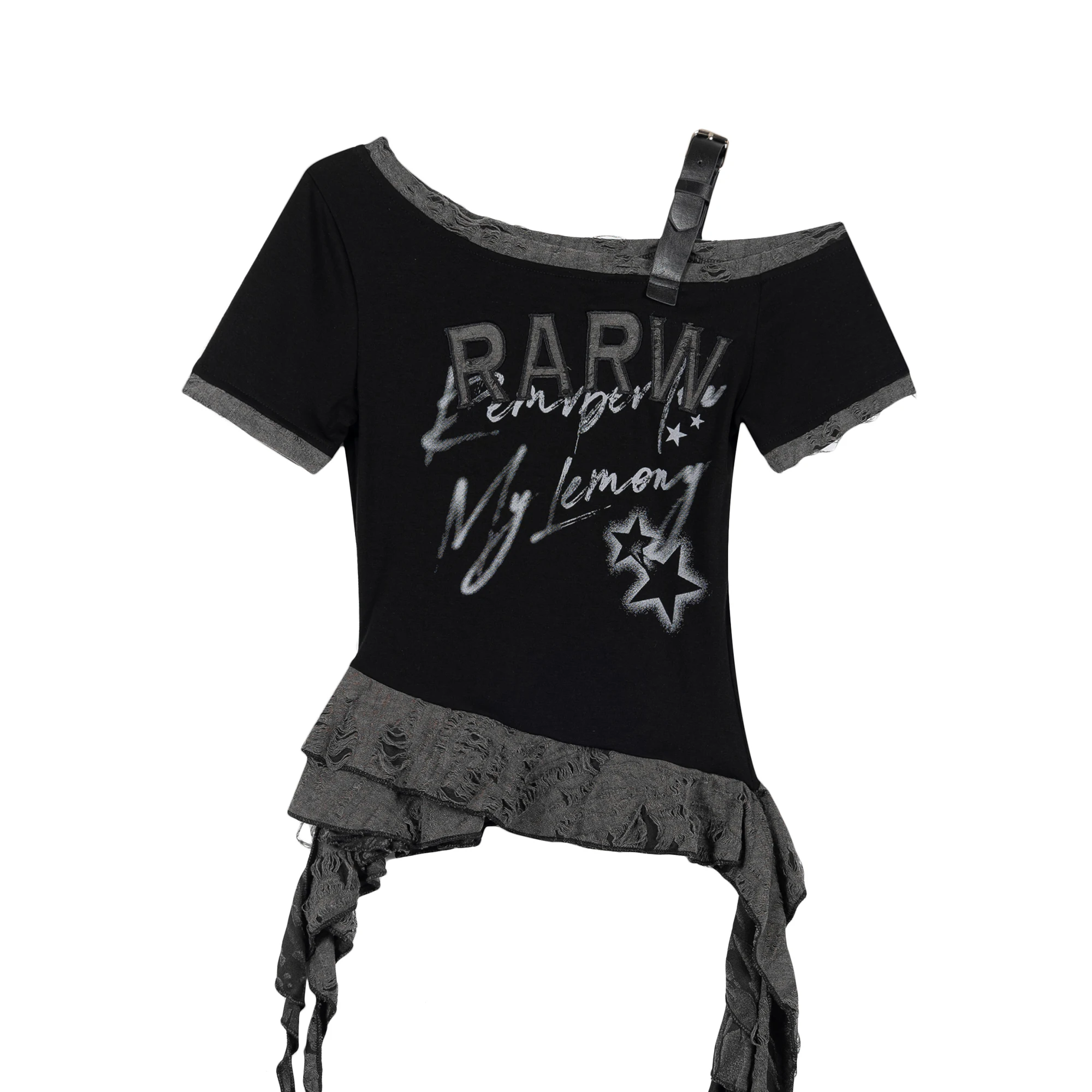 モード系ファッション Tシャツの定義と実際のデザイン：不規則な裾デザインの黒い短袖Tシャツ【女性用・オフショルダー】