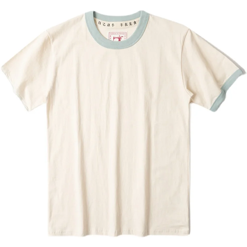 ハンドメイド tシャツとは？米白色と霧霾ブルーのカラー切替半袖Tシャツの実際と選び方
