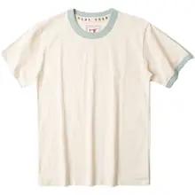 米白色と霧霾ブルーのカラー切替 半袖Tシャツ【ユニセックス・ルーズフィット・レトロデザイン】