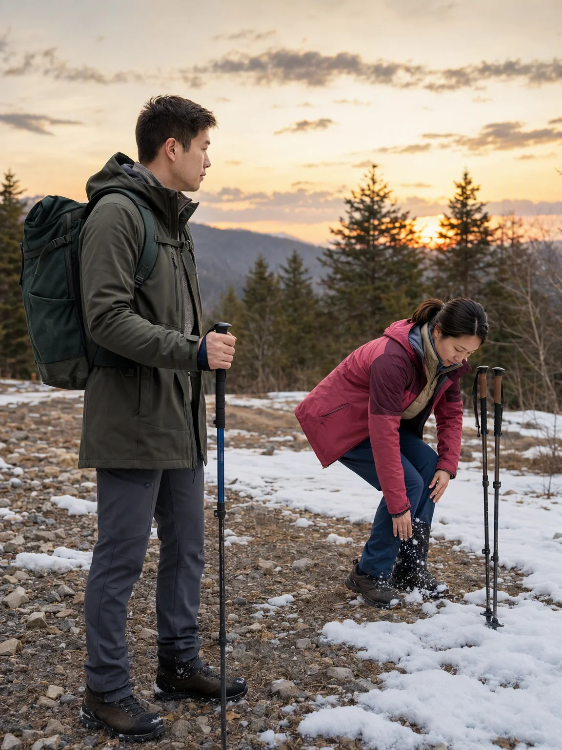 下山前の開けた場所で夕方の光に当たると、冬でも少し気持ちがゆるみます。ただ、雪が残る地面は立ち止まるとすぐ冷えるので、私は靴まわりの雪を払ってから体温を逃がさないようにします。日中は動きやすさを優先していても、この時間帯は風の当たり方ひとつで着心地が変わるので、重ね着のちょうどよさを改めて感じます。景色を眺めつつも、最後まで歩きやすい装備かどうかを確かめたくなる、そんな休憩の場面です。