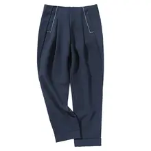 高腰八分丈パンツ【深い青・ロールアップ・夏用・フィット】（セットアップ対応）
