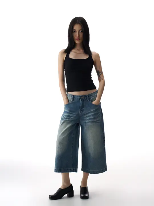 デニムクロップドパンツ レディース 7分丈 アメカジ ヴィンテージ ゆったり 着痩せ petite 夏「AGUA」