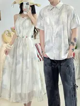 おしゃれなデザイン！法式カップルコーデ 夏用ドレスとトップス【ウエストシェイプ・タイダイ染め・高級感】（セットアップ対応）