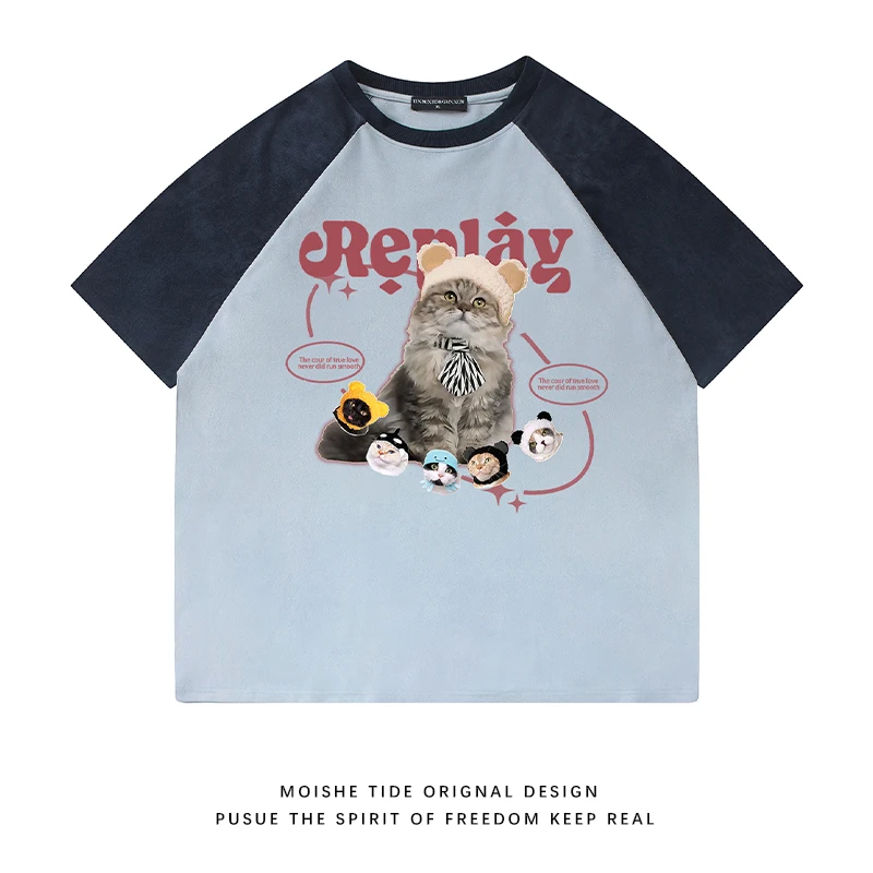 かわいい猫柄のカラーブロックラグラン袖半袖Tシャツ【ユニセックス・ルーズフィット】