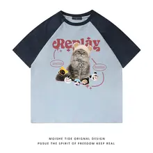 かわいい猫柄のカラーブロックラグラン袖半袖Tシャツ【ユニセックス・ルーズフィット】