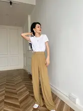 猫境 高腰カーキ色 ワイドレッグパンツ【透気性・後ろ大口ポケット・スリムデザイン】