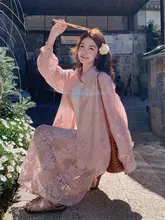 フレンチスタイルのピンクストライプレースシャツとスカート【春夏用・デザイン性・女性用】（セットアップ対応）