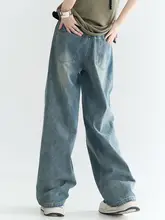 春秋用 ゆったりデザインのウォッシュ加工デニムパンツ【ストレート・カジュアル】