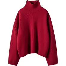 魅力あふれるチェリーレッドのハイネック高重みの羊毛ニットトップス【女性用・オーバーサイズ・極上の柔らかさ】