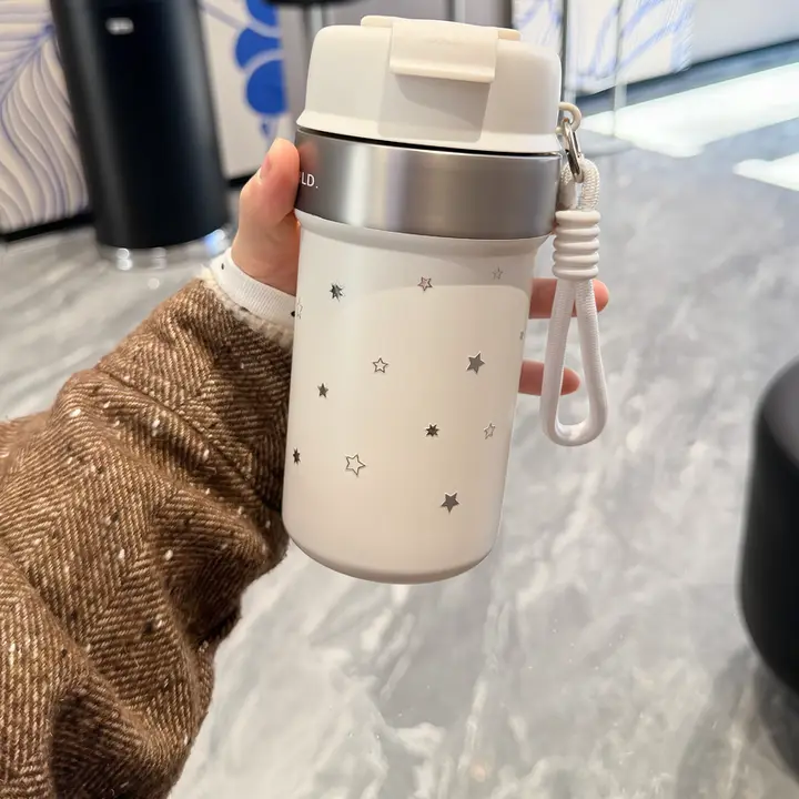 316ステンレス製コーヒー保温カップ【携帯用・シリコンストロー付き・女性向けデザイン】
