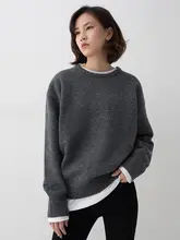 深灰色 ストレッチ素材のゆったりラウンドネックセーター【春秋用・女性用・スタイル】