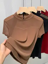 上質なシフォン素材の女性用短袖Tシャツ【タートルネック・スリムフィット・ワインレッド】