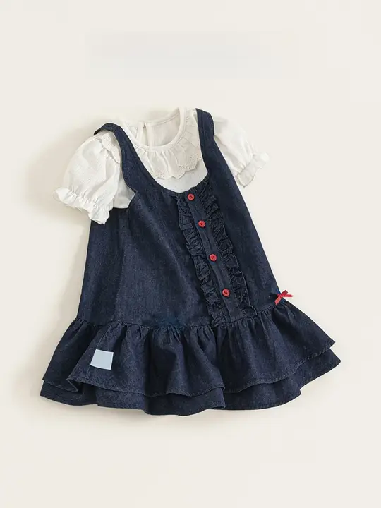 2点セット キッズ ガールズ デニム フリル襟Tシャツ 蝶結び ノースリーブワンピース ヴィンテージ フェミニン 夏 おしゃれ