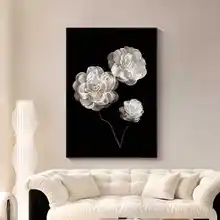 フレンチスタイルの山茶花モチーフ装飾画【白黒・高級感・玄関用】