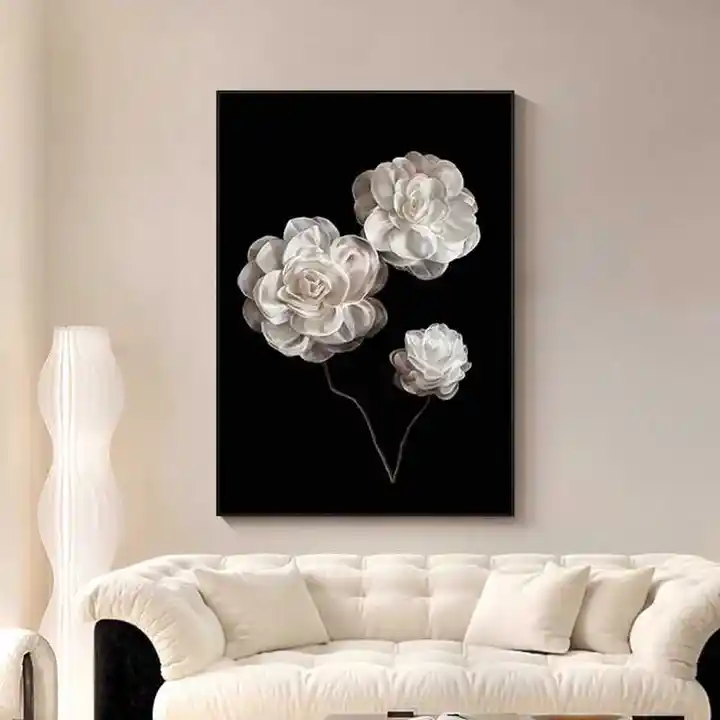 フレンチスタイルの山茶花モチーフ装飾画【白黒・高級感・玄関用】