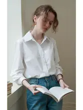 春夏用 抗皺 長袖 ブルーのルーズフィットシャツ【女性用・フレンチスタイル・重ね着可能】