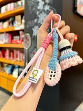 バドミントンラケットデザインの毛糸編みボールチャーム【バッグ用・キーホルダー・カップルギフト】
