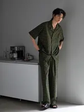 夏用 メンズルームウェア【薄手・半袖・長パンツ・純綿・リトロチェック柄・カーディガン風・外出可能】（セットアップ対応）