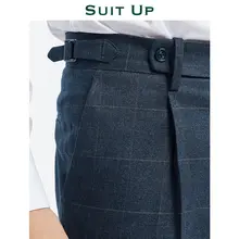 高ウエスト ネイビーチェックパンツ【ビジネスカジュアル・ドレープ感あり】（セットアップ対応）