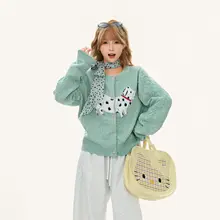 可愛い犬の刺繍入りニットカーディガン【ゆったりした丸首・秋冬用・甘いスタイル】