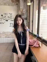 華やかなデザインのオフショルダーカラー切替トップス【女性用・夏季・体型カバー・スリムフィット】