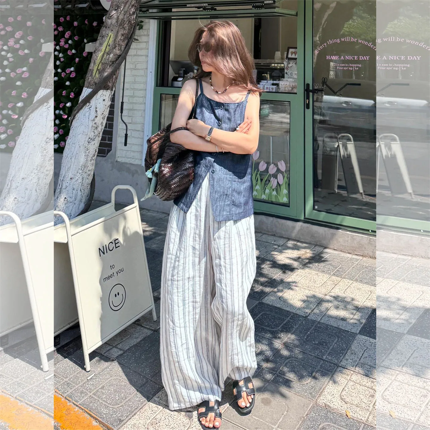 夏のブラウンコーデで失敗しない方法は？通勤シーンにぴったりな麻製キャミソールとストライプワイドパンツのセットアップが答え