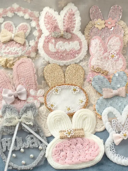 かわいいウサギのタオル刺繍ビーズ付き花飾り【DIY服飾・スマホケース・布製子供服用】