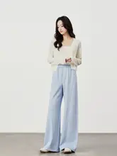 小柄さん向け ハイウエスト薄青ストレートパンツ【極上の柔らかさ・ワイドレッグ・フィット】（セットアップ対応）