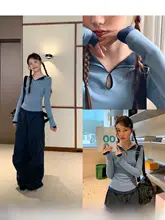高級感のある重ね着風ニット長袖Tシャツ【女性用・フィットデザイン・秋季】
