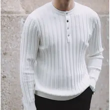 秋冬用 メンズストライプニットセーター【リブ編み・ボタン付き・シンプルデザイン】