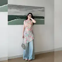 高級感あるフラワープリントブラウス【春季・不規則な裾・スリムフィット・キャミソールドレス】