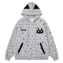 刺繍入り猫柄フルプリントフード付きカーディガン【春用・グレー・ユニセックス・ゆったりデザイン】
