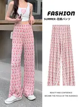 華やかな花柄の夏用ワイドパンツ【高腰・フィット・涼しさを感じる素材】（セットアップ対応）