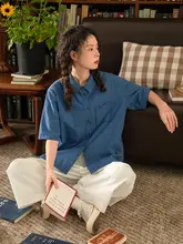 リボンデザインの薄手チェック柄シャツ【ブルー・夏用・コットン・カジュアル】