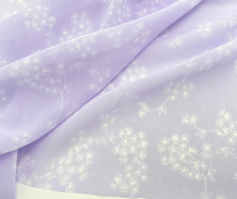 半透明雪绒花デザインの浅紫色ダイリリー柄シフォン生地は和服やドレスに最適なチュール生地か