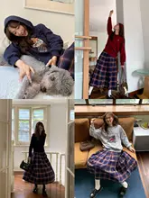 ヴィンテージ風チェック柄プリーツハイウエストスカート【秋冬用・Aライン・ロング丈】（セットアップ対応）