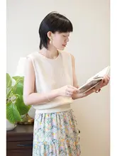 和紙風のコットンニットノースリーブトップス【フランス風・花柄・ラウンドネック・薄手】（セットアップ対応）
