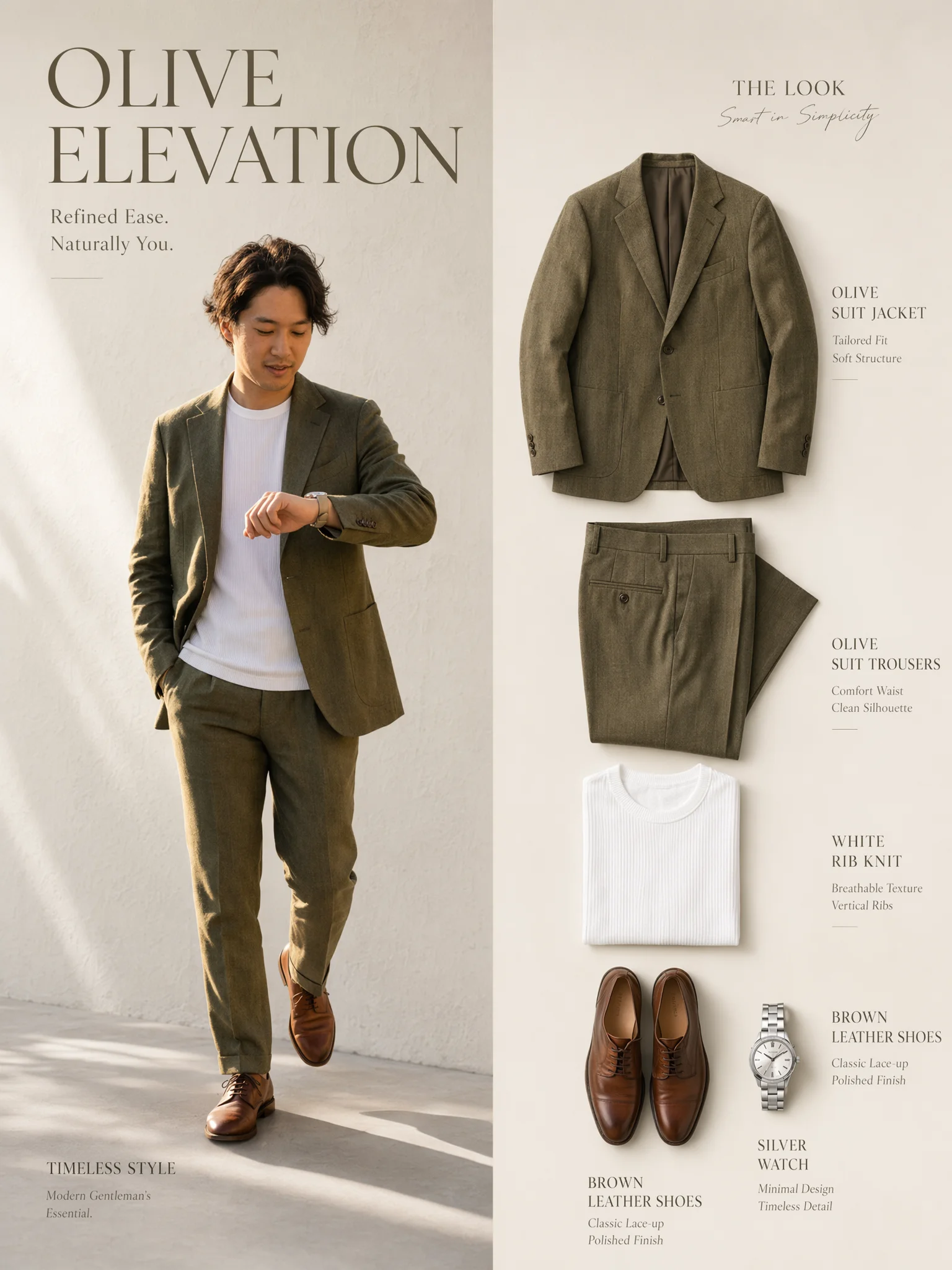 白背景に並んだカーキのジャケットとパンツ、白Tシャツ、ブラウンの革靴、レザーベルトの腕時計