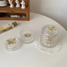 透明ガラス製の金色バタフライ収納ボックス【ジュエリー・コットンスワブ用・彫刻デザイン・ヨーロピアンスタイル】