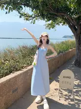 ブルーチェックの夏用キャミソールワンピース【ロング丈・カジュアルスタイル】（セットアップ対応）