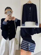 通勤用ニットカーディガン【チェック柄・バイカラー・ボタン付き・春秋用】