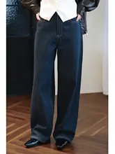 アメリカンヴィンテージスタイル ハイウエストデニムワイドパンツ【深い青・ゆったりとしたフィット・ストレートライン・秋用】（セットアップ対応）