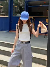 ストライプ付きデニムハーフパンツ【ハイウエスト・多ポケット・ゆったりシルエット】（セットアップ対応）