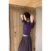レトロデザインの紫色ツイスト編み半袖ニットセーター【ラウンドネック・スリムフィット】