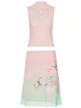 新中式デザインの立襟ノースリーブトップスと花柄シフォンスカート（セットアップ対応）